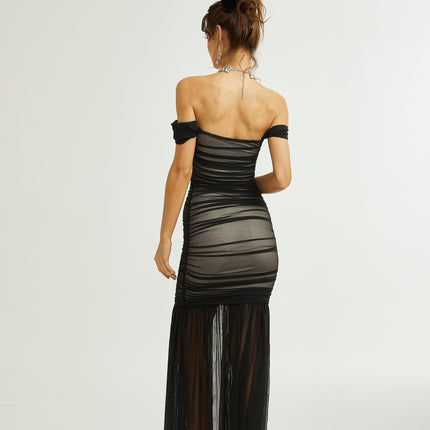 Melanie Black Off-Shoulder Maxi Dress with Mesh and Ruched Detailing