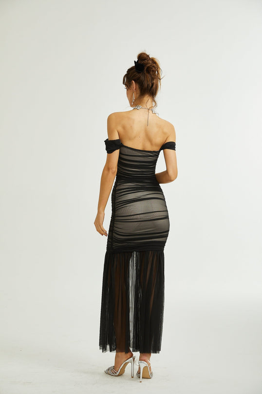 Melanie Black Off-Shoulder Maxi Dress with Mesh and Ruched Detailing