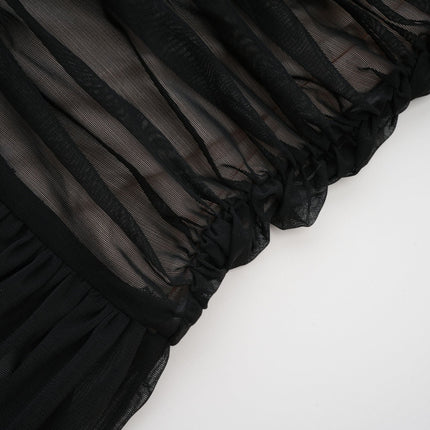 Melanie Black Off-Shoulder Maxi Dress with Mesh and Ruched Detailing