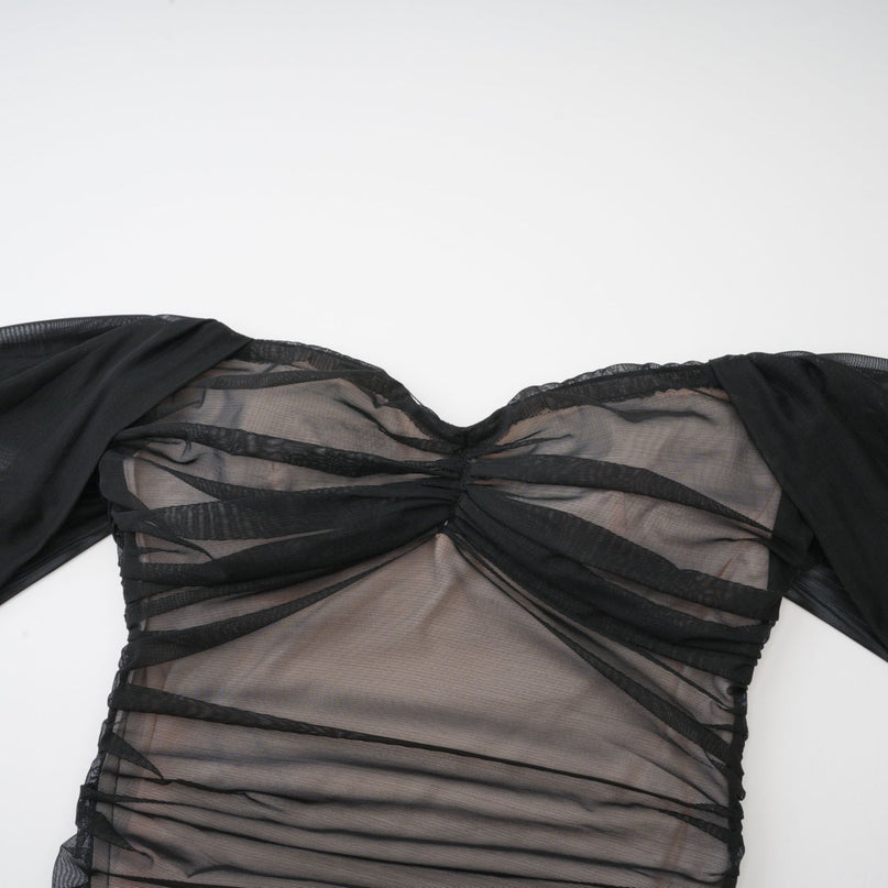 Melanie Black Mesh Off-Shoulder Fishtail Maxi Dress