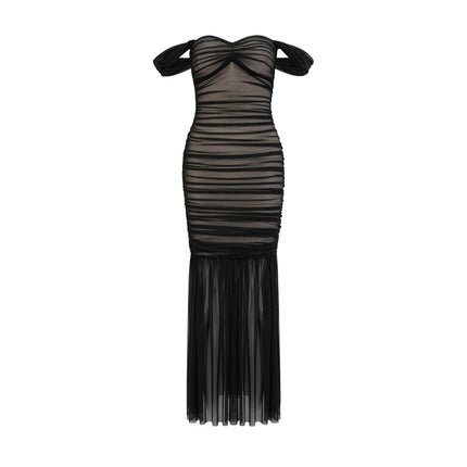 Melanie Black Mesh Ruched Fishtail Maxi Dress