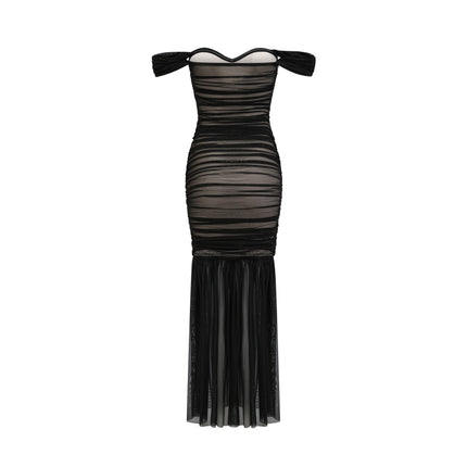 Melanie Black Mesh Ruched Fishtail Maxi Dress