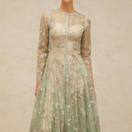 Melanie Green Floral Embroidered Godet Pleated Midi Dress