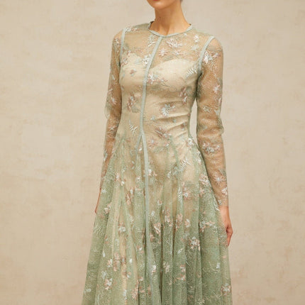 Melanie Green Floral Embroidered Godet Pleated Midi Dress