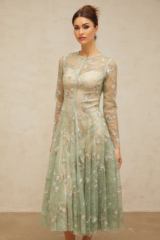 Melanie Green Floral Embroidered Godet Pleated Midi Dress