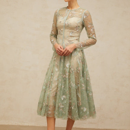 Melanie Green Floral Embroidered Godet Pleated Midi Dress