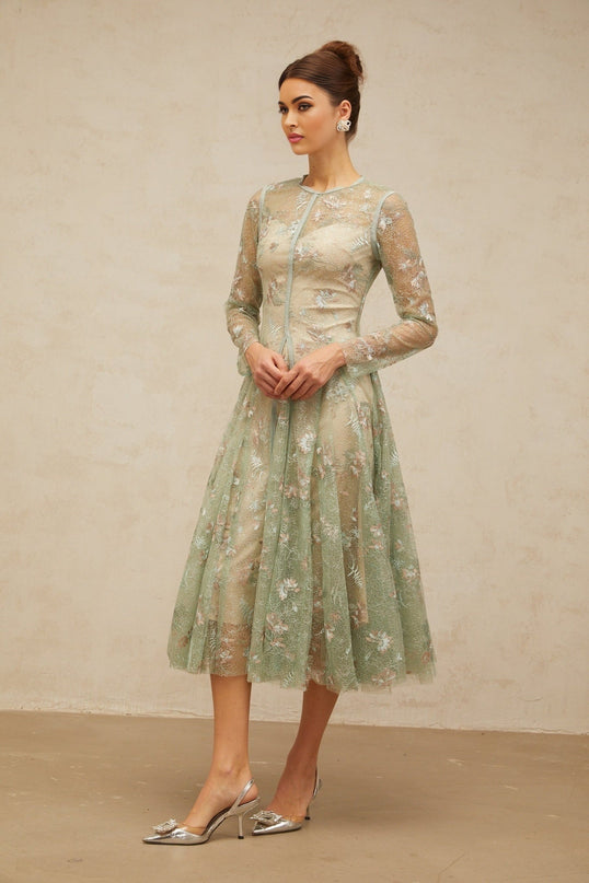 Melanie Green Floral Embroidered Godet Pleated Midi Dress