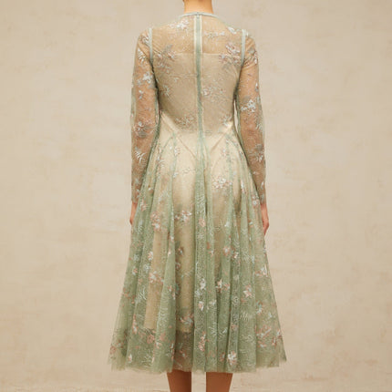Melanie Green Floral Embroidered Godet Pleated Midi Dress