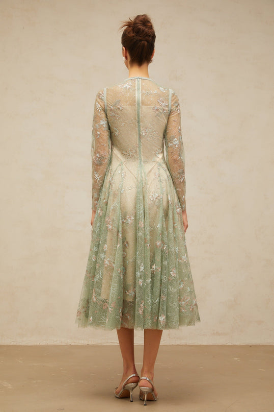 Melanie Green Floral Embroidered Godet Pleated Midi Dress