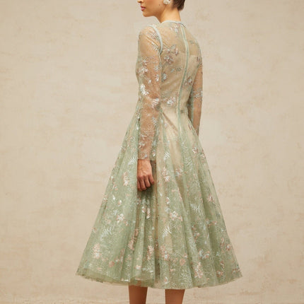 Melanie Green Floral Embroidered Midi Dress with Godet Pleats