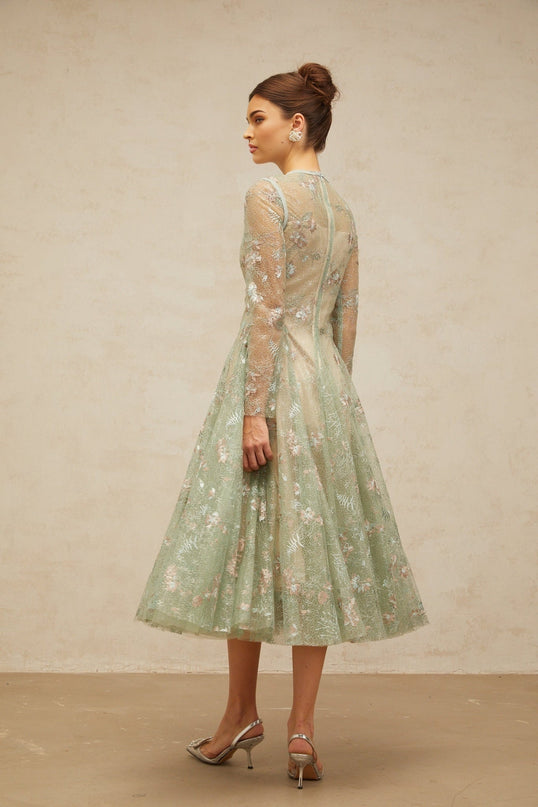 Melanie Green Floral Embroidered Midi Dress with Godet Pleats