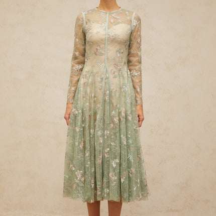 Melanie Green Floral Embroidered Midi Dress with Godet Pleats