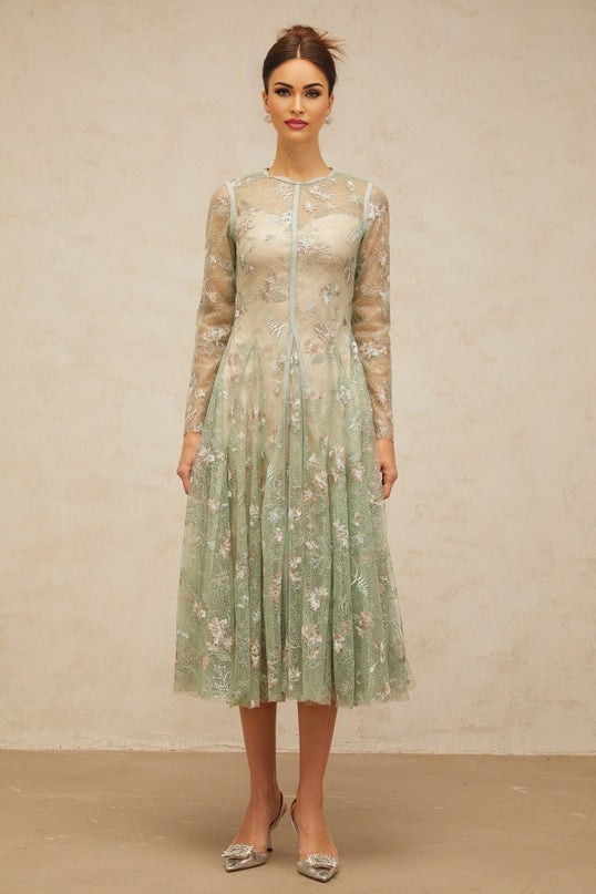 Melanie Green Floral Embroidered Midi Dress with Godet Pleats