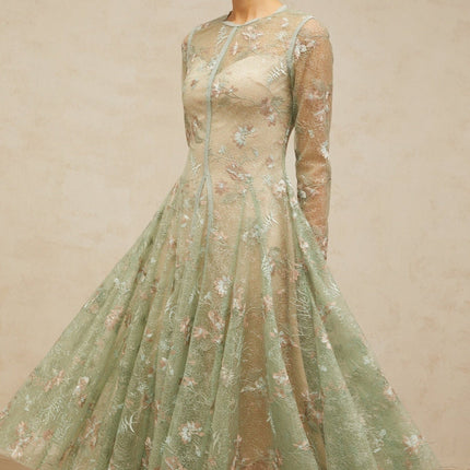Melanie Green Floral Embroidered Midi Dress with Godet Pleats