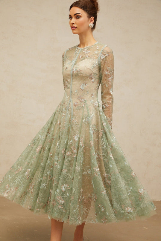 Melanie Green Floral Embroidered Midi Dress with Godet Pleats