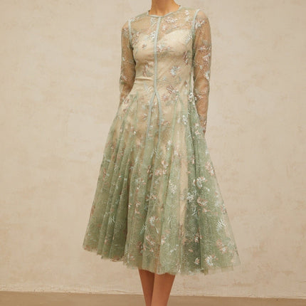 Melanie Green Floral Embroidered Midi Dress with Godet Pleats