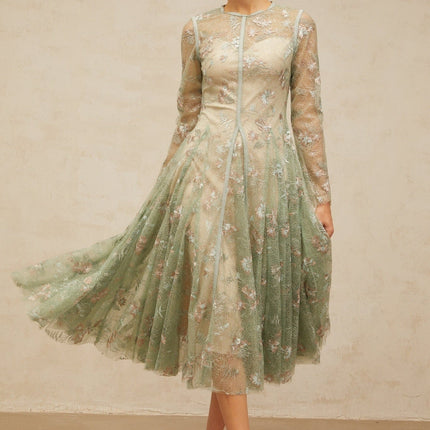 Melanie Green Floral Embroidered Midi Dress with Godet Pleats Round Neck Long Sleeves 100% Terylene Fiber