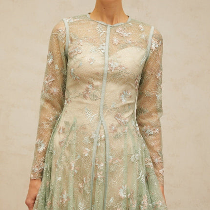 Melanie Green Floral Embroidered Midi Dress