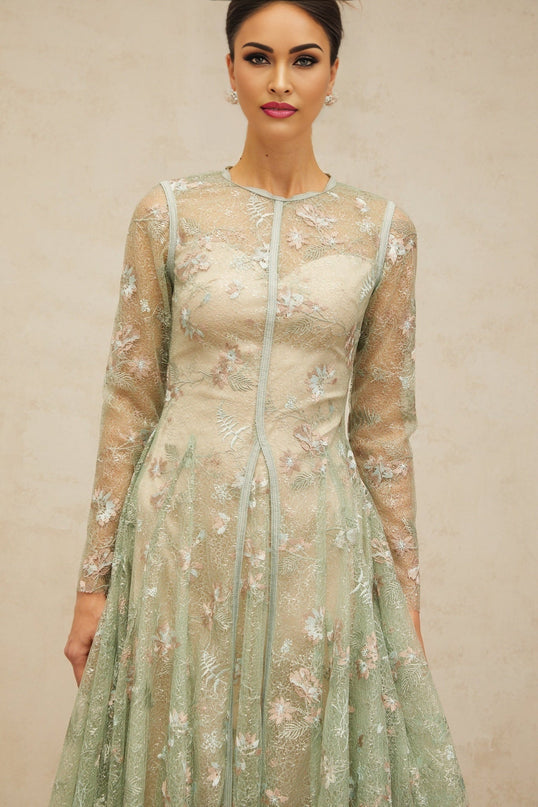 Melanie Green Floral Embroidered Midi Dress
