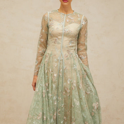 Melanie Green Floral Embroidered Midi Dress with Godet Pleats and Long Sleeves