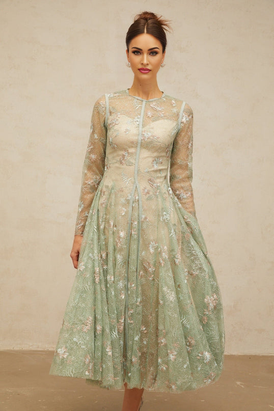 Melanie Green Floral Embroidered Midi Dress with Godet Pleats and Long Sleeves