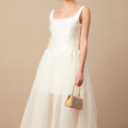 Melanie White Satin and Tulle Panel Maxi Dress