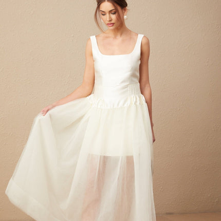Melanie White Satin and Tulle Panel Maxi Dress