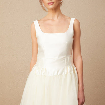 Melanie White Satin and Tulle Panel Maxi Dress