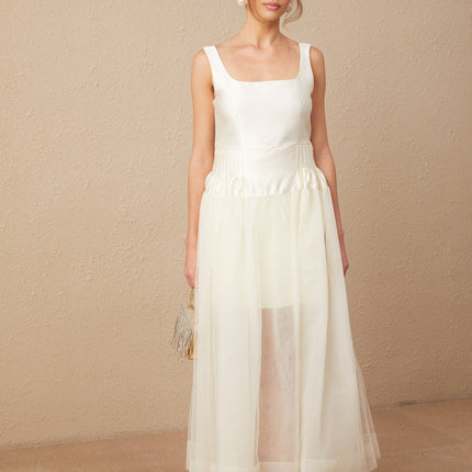 Melanie White Satin and Tulle Panel Maxi Dress