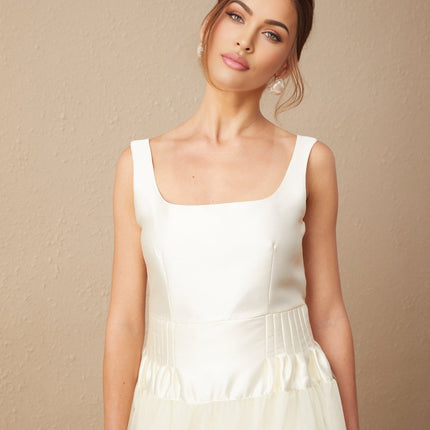 Melanie White Satin and Tulle Panel Maxi Dress