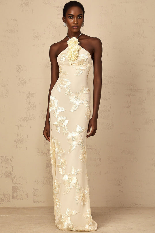 Melanie Neutrals Embroidered Halterneck Maxi Dress