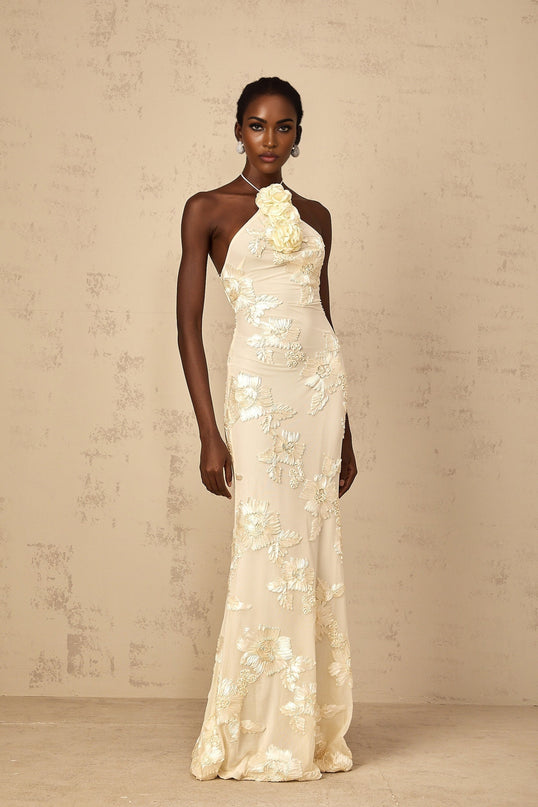 Melanie Neutrals Embroidered Halterneck Maxi Dress