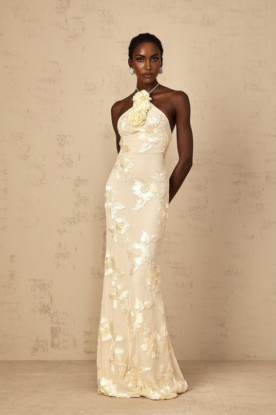 Melanie Neutrals Embroidered Halterneck Maxi Dress