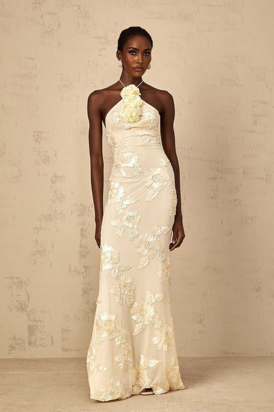 Melanie Neutrals Embroidered Halterneck Maxi Dress