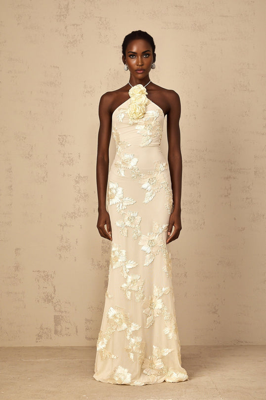 Melanie Neutrals Embroidered Halterneck Maxi Dress