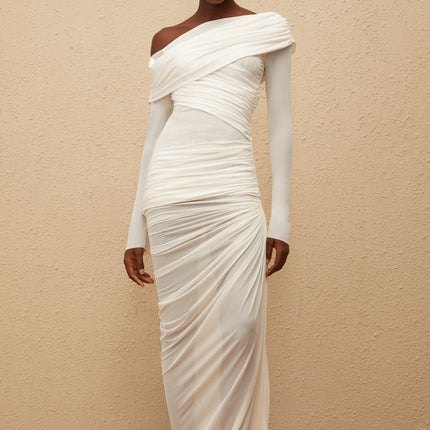 Melanie White Asymmetrical Ruched Mesh Maxi Dress