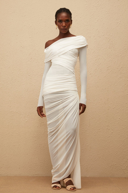 Melanie White Asymmetrical Ruched Mesh Maxi Dress