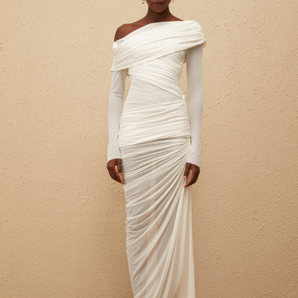 Melanie White Asymmetrical Ruched Mesh Maxi Dress