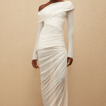Melanie White Asymmetrical Ruched Mesh Maxi Dress