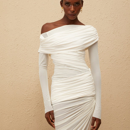 Melanie White Asymmetrical Ruched Mesh Maxi Dress