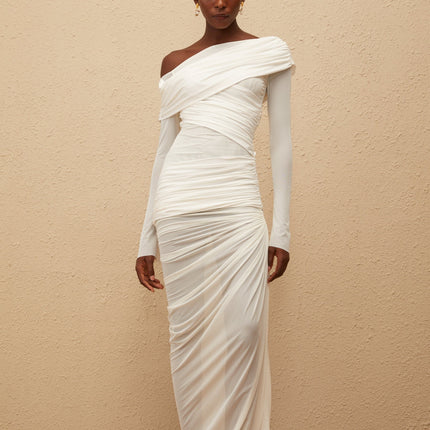 Melanie White Asymmetrical Ruched Mesh Maxi Dress