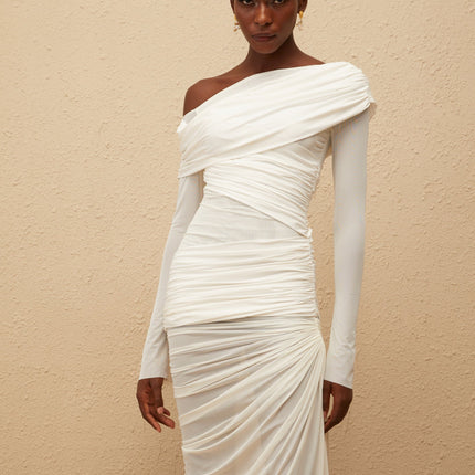 Melanie White Asymmetrical Ruched Mesh Maxi Dress