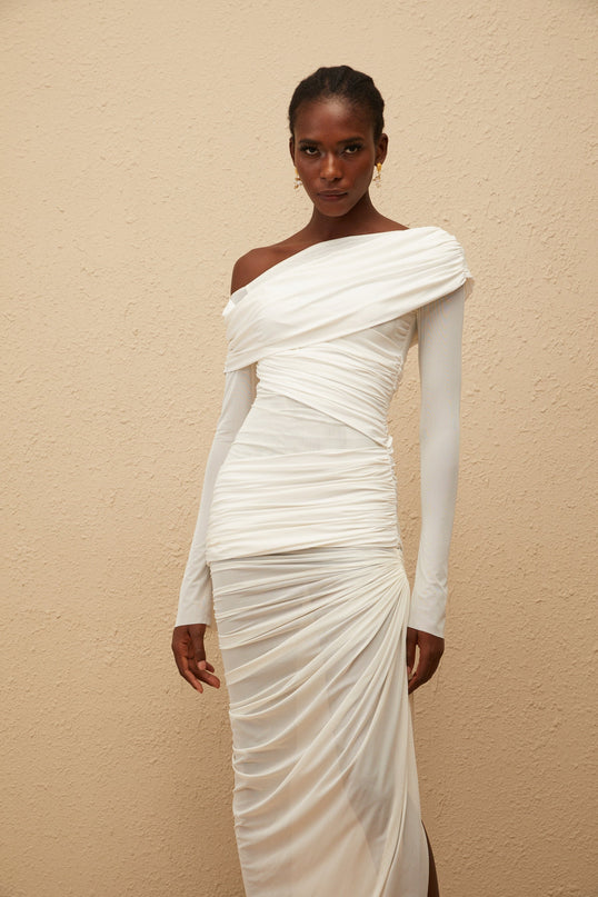 Melanie White Asymmetrical Ruched Mesh Maxi Dress