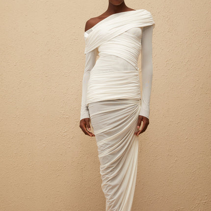 Melanie White Asymmetrical Ruched Mesh Maxi Dress