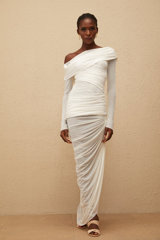 Melanie White Asymmetrical Ruched Mesh Maxi Dress