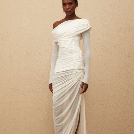 Melanie White Asymmetrical Ruched Mesh Maxi Dress