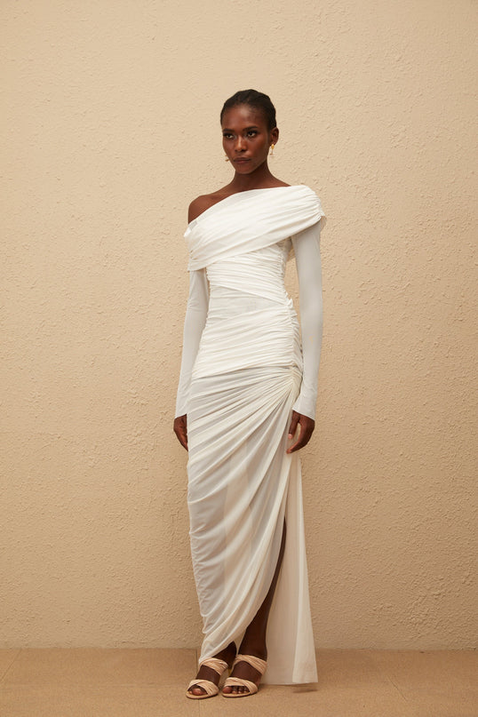 Melanie White Asymmetrical Ruched Mesh Maxi Dress