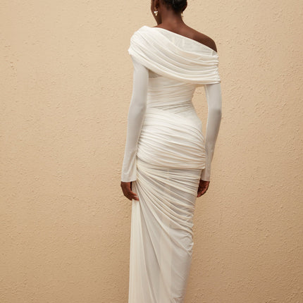 Melanie White Asymmetrical Ruched Mesh Maxi Dress