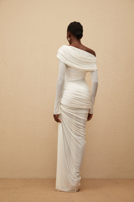 Melanie White Asymmetrical Ruched Mesh Maxi Dress