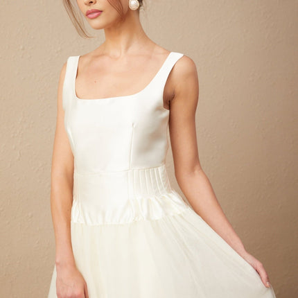 Melanie White Satin and Tulle Maxi Dress with Square Neck and Wide Straps